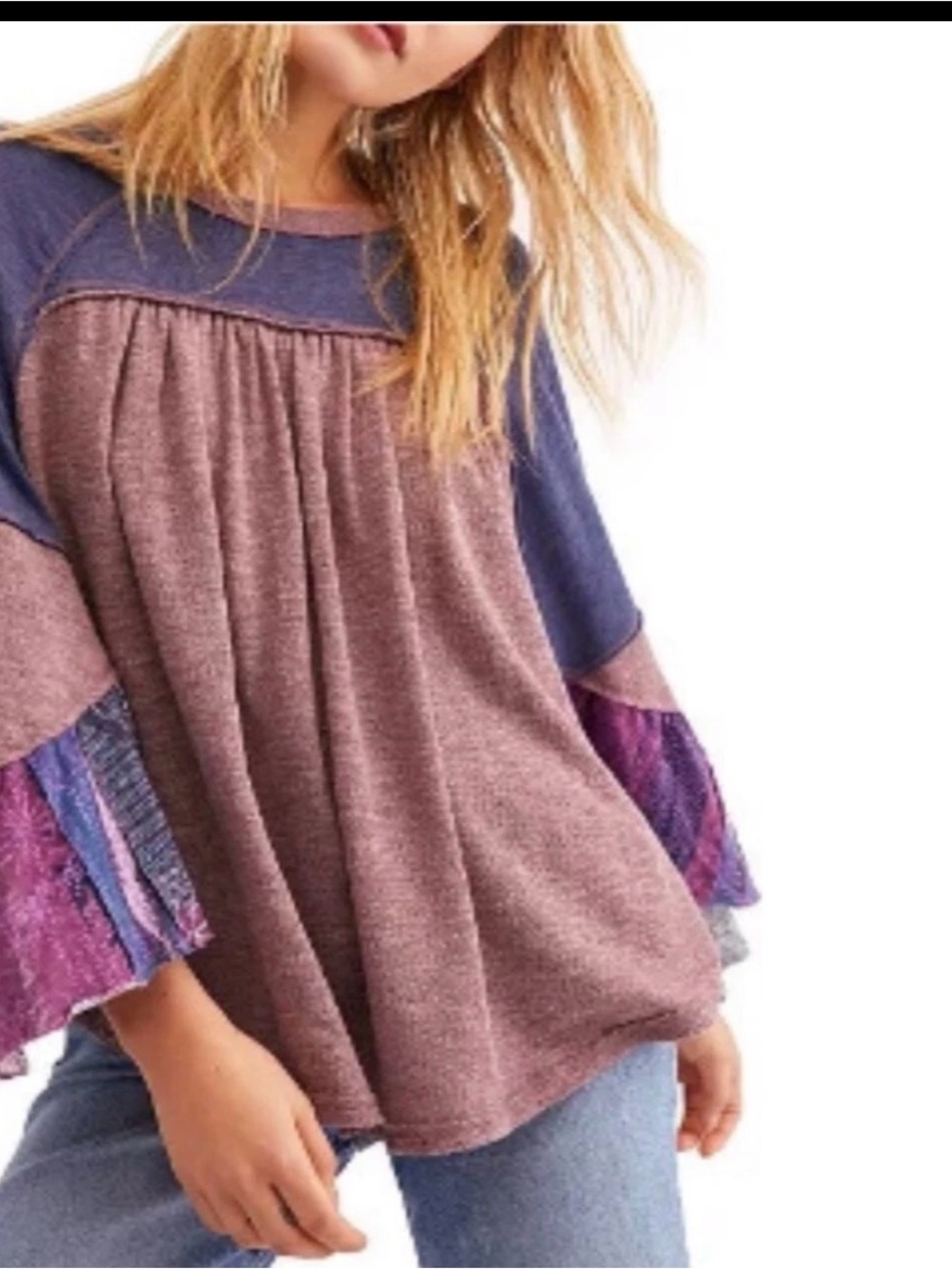 We The Free Fever Top Women Large Blue Mixed Media Ruffle Bell Sleeve